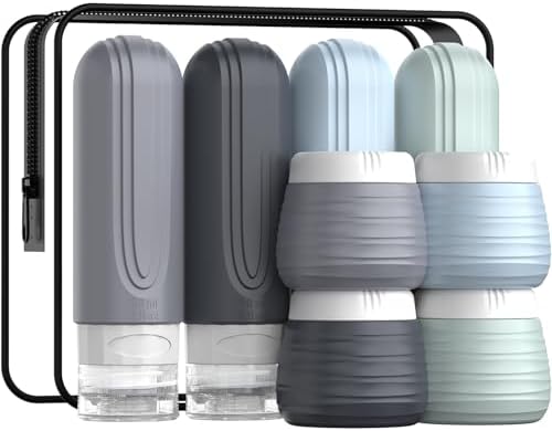 Travel Bottles for Toiletries 8 Pack, TSA Approved Travel Size Toiletries Containers Set, 4 Silicone Leak Proof Refillable Bottles and 4 Creams Jars Accessories Kit W/Clear Bag (GRAY) by YIIMER