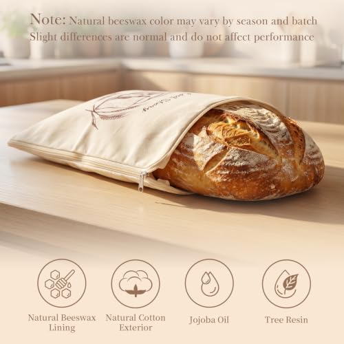 Beeswax Sourdough Bread Bags with Wide Zipper Access, 2 Pack XL 13" x 17" Reusable Linen Cotton Bread Bags for Homemade Bread, Helps Maintain Crust & Freshness (Double-Sided Print Design) - Image 3