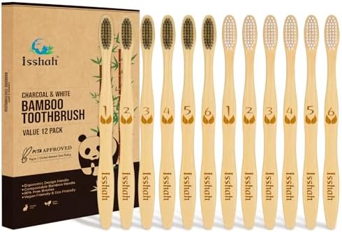Isshah Biodegradable Bamboo Charcoal Toothbrush - 12 Pack - FSC Certified by Isshah