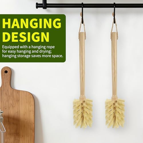 SAMEBUTECO Natural Bamboo Cup Cleaning Brush Set of 2 – 11.3 Inch Sisal Bristle Bottle Brush with Flat Head Design, Wooden Handle with Hanging Hole & Rope for Cups, Mugs, Glasses, Water Bottles - Image 6