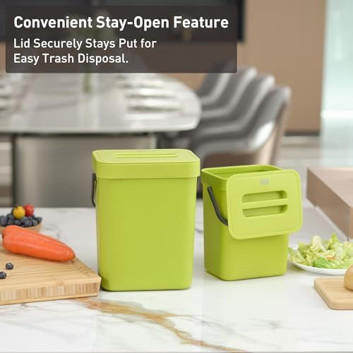EKO Puro Wall-Mounted Trash Can with Lid, 1.32 Gal / 5L Hanging Trash Can, Small Kitchen Compost Bin for Counter Top, Mini Food Waste Bin (Green) - Image 2