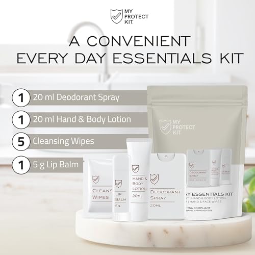 MY PROTECT KIT Travel Size Toiletries for Women – 8-Piece Scented Hygiene Kit, Eucalyptus Deodorant Spray, Coconut Vanilla Shampoo & Body Wash, Mandarin Orange Lotion, Lip Balm, Carry-On Ready, 1-Pack - Image 2