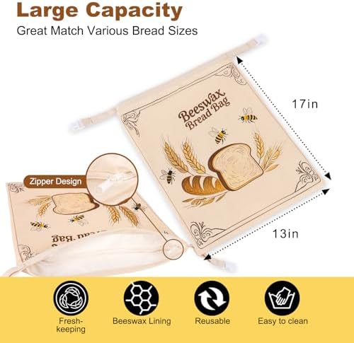 2 Pack Reusable Beeswax Bread Bags for Sourdough, 17inx13in Bread Bags for Homemade Bread, XL Natural Beewax Lined Bread Bag, Freezer Friendly Freshness Preservation for Food Storage - Image 2
