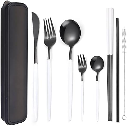 AARainbow 8 Pieces Stainless Steel Flatware Set Portable Reusable Cutlery Set Travel Utensils Set Including Chopsticks Knife Fork Spoon Straws Cleaning Brush Dishwasher Safe (White black) by AARAINBOW