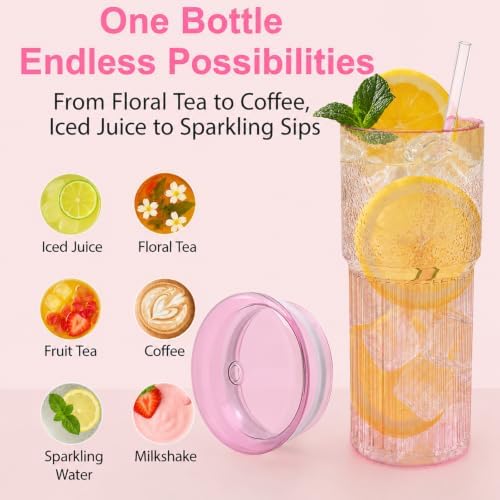 Luiaiog 20oz Glass Cups with Lids and Straws - Set of 4 Reusable Tumblers, Thickened Shatter-Resistant Glass, Ideal for Iced Coffee, Smoothies, Cocktails, Juices - Elegant & Durable Drinkware (Pink) - Image 3