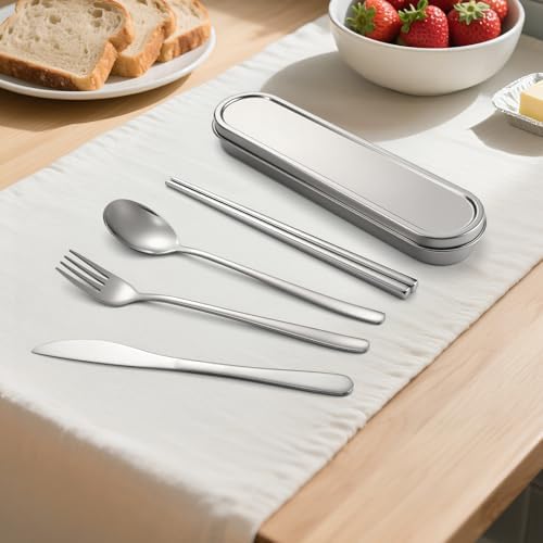 Travel cutlery set, 18/8 stainless steel cutlery, Reusable utensils set with case, Portable Silverware Lunch Box for Camping and Office (Stainless Steel) - Image 5