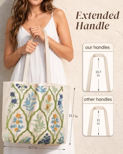 Floral Embroidery Canvas Tote Bag with Magnetic Closure for Daily - Image 2