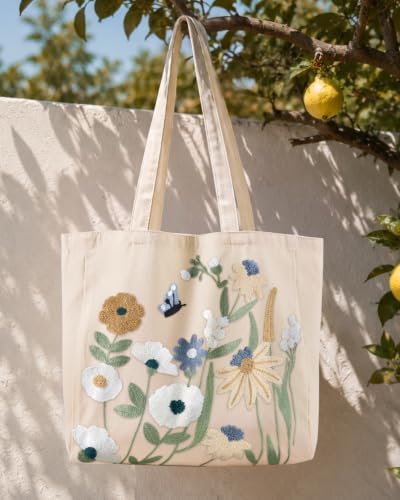 Floral Embroidery Canvas Tote Bag with Magnetic Closure for Daily - Image 3