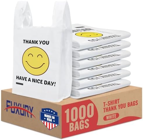 Fuxury 1000 Count Happy Smiling Face Thank You Plastic Bags with Handles by Fuxury