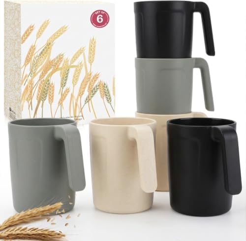 Wrova 16 OZ Coffee Mugs Set of 6, Wheat Straw Cups Alternative to Plastic Cups Reusable, Unbreakable Drink Cups for Kitchen,Party,Camping- Black & Gray by WROVA