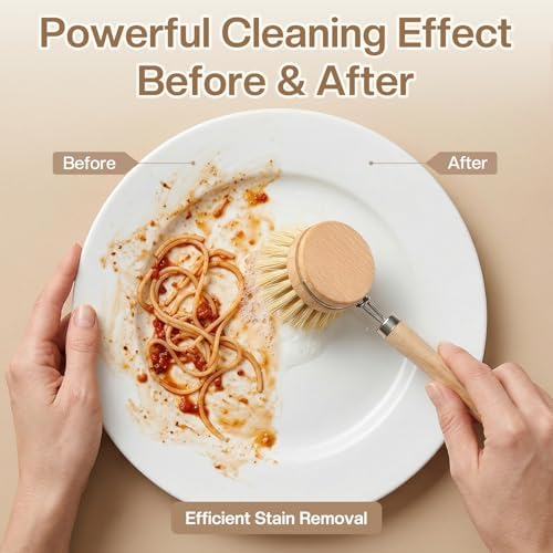 5 Pcs Bamboo Dish Brush Set Includes 1 Wooden Handle with 3 Natural Replaceable Bristle Heads and 1 Handheld Bamboo Wok Brush Scrubber for Dishes Pans Pots Fruit and Veggie Washing(Style B) - Image 5