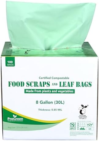 Compostable Trash Bags, Extra Thick, Compost Kitchen Bin Bags, Food Scraps Yard Waste Bags, ASTM D6400 BPI and TÜV AUSTRIA Certified (8 Gallon, Pack of 100) by ProGreen