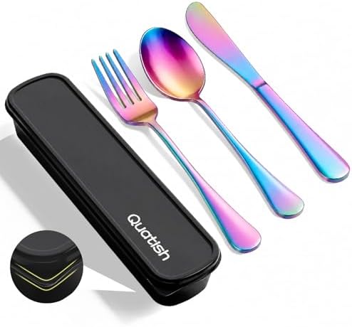 Quatish Travel Utensils with Case, Stainless Steel Cutlery Set, Rainbow by Quatish