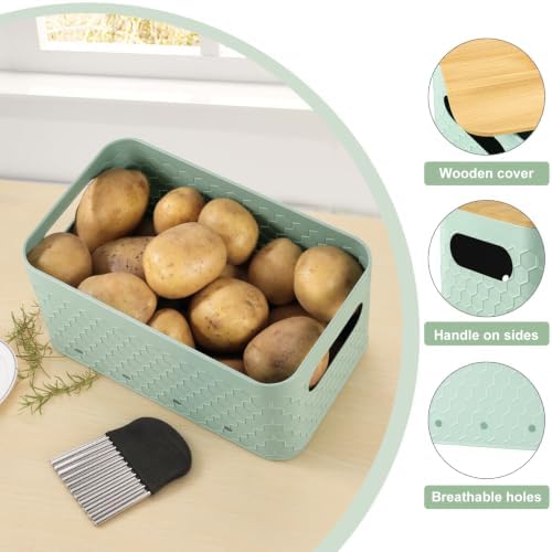 Kitchen Vegetable Storage Set of 3, Metal Onion Garlic Potato Storage Set, Kitchen Canisters Vegetable Keeper Containers with Aerating Holes and Bamboo Lid,Embossed Saga Green - Image 3