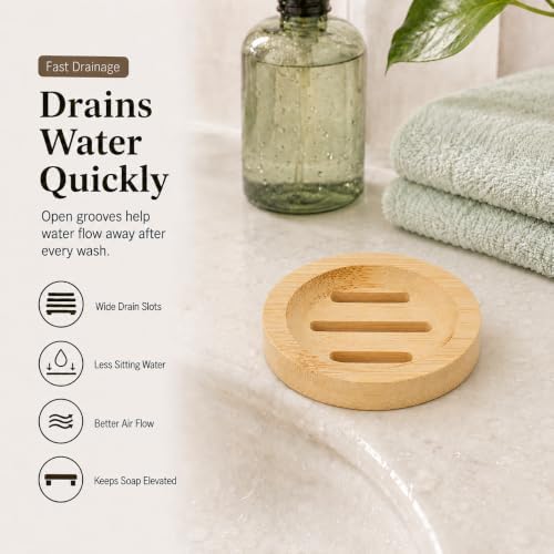 Bamboo Soap Dish for Bar Soap, Raised Wooden Holder with Drain Slots，Round Bamboo Soap Dish - Image 3