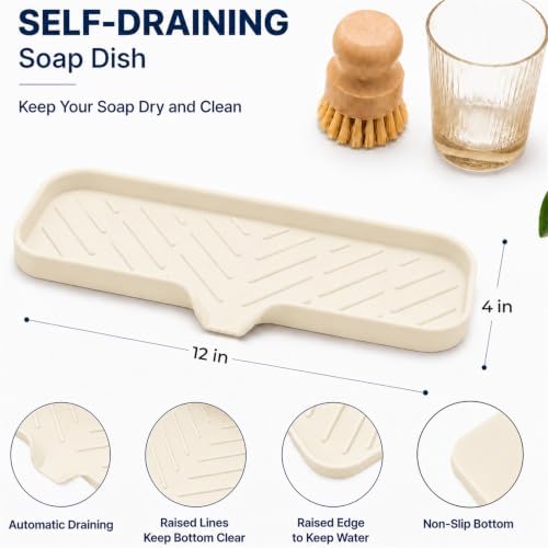 MicoYang Silicone Soap Dish with Drain Spout — Self-Draining Double Sink Organizer Tray for Kitchen & Bathroom, Dispensers, Sponges & Soap Holder, Non-Slip & Dishwasher Safe, Tapioca (Large, 12"×4") - Image 2