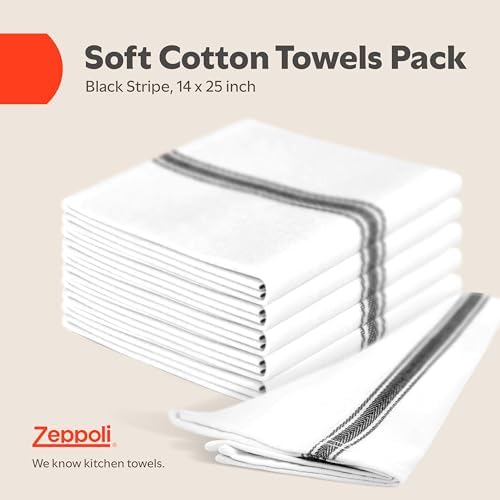 Zeppoli Classic Kitchen Towels - 15 Pack 100% Natural Cotton Kitchen Towel Set, Reusable Wash Cloths, Absorbent Dish Towels, Machine Washable Hand Towels, Kitchen Essentials, 14” x 25”, Black Striped - Image 2