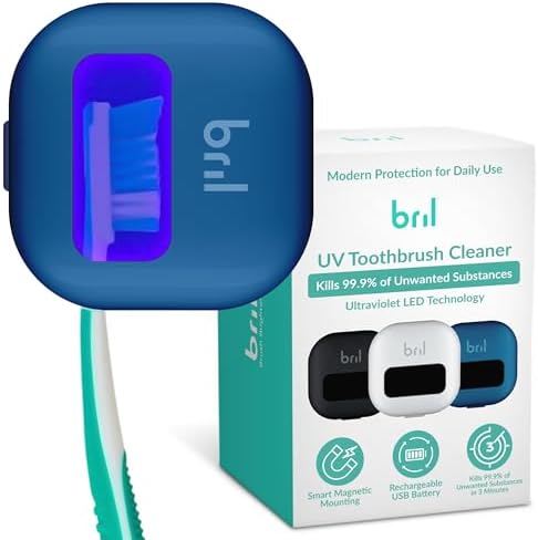 Bril UV-C Toothbrush Sanitizer and Holder – Wall Mounted, Rechargeable, 30-Day Battery, Magnetic Mount, Fits Electric and Manual Brushes, Portable Travel Case, Auto-Shutoff – Navy by Bril
