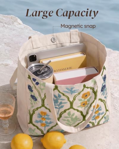 Floral Embroidery Canvas Tote Bag with Magnetic Closure for Daily - Image 5