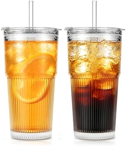 SoulTimes 20oz Wave Ribbed Glass Tumbler with Lid and Straw – Iced Coffee Glasses Cups for Smoothie, Matcha, Juice, Water etc. Leakproof and Reusable Glassware Drinking for Daily & Travel To Go [2Pcs] by SoulTimes