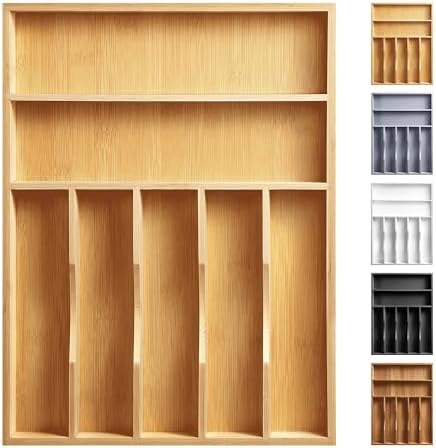 Kitchen Bamboo Silverware Organizer, Kitchen Drawer Organizer - Utensil Holder and Cutlery Tray with Grooved Drawer Dividers for Flatware 7 Slot, Natural by oridom
