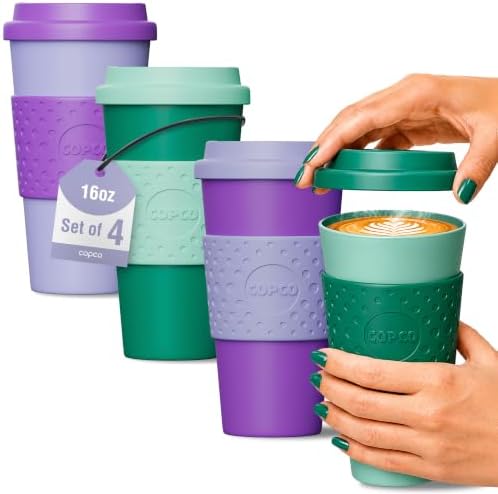 Copco Acadia 16oz Travel Mug, Set of 4 - Double Wall, Green & Purple by Copco