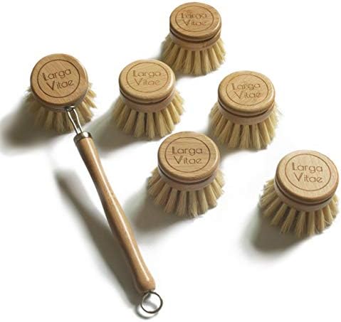 Wooden Dish Brush Made of Renewable Bamboo Wood and Natural Bristle Tampico Fiber, includes 5 Replacement Brush Heads, Durable, Long Lasting, All Purpose Kitchen Scrubber by Larga+Vitae