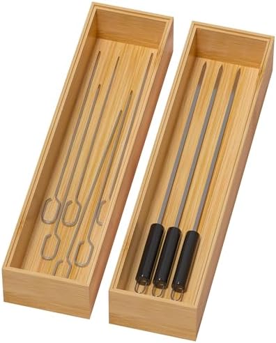 Lixple Bamboo Drawer Organizer, Narrow Stackable Cutlery Tray for Kitchen, 2 Pcs Silverware & Utensil Box, 12" x 3" x 2" (Outer), 11.3" x 2.3" x 1.77" (Inner) by Lixple