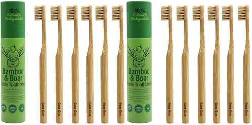 Gaia Guy Natural Bristle Bamboo Toothbrush (NO Nylon - Boar Hair ONLY) - Totally Compostable & Biodegradable Boar Bristle and Bamboo Toothbrushes - Zero Waste - 12-Pack by GaiaGuy