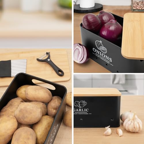 Kitchen Vegetable Storage Set of 3, Metal Onion Garlic Potato Storage Set, Kitchen Canisters Vegetable Keeper Containers with Aerating Holes and Bamboo Lid,Black - Image 4