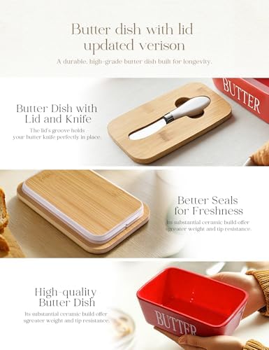 AISBUGUR Large Butter Dish with Lid Ceramics Butter Keeper Container with Knife and High- quality Silicone Sealing Butter Dishes with Covers Good Kitchen Gift Red 6.3 x 3.5 x 2.7 inches - Image 4