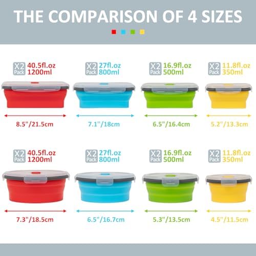 Collapsible Silicone Food Storage Containers Set with Lid & Air Vent, Foldable Lunch Containers, 8 Pack (4 Rectangular + 4 Round Bowls), BPA-Free, Space-Saving - Image 6
