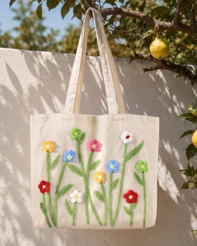 Floral Embroidery Canvas Tote Bag with Magnetic Closure for Daily - Image 3