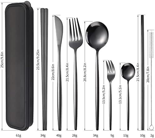 AARAINBOW 8 Pieces Stainless Steel Flatware Set Portable Reusable Cutlery Set Travel Utensils Set Including Chopsticks Knife Fork Spoon Straws Cleaning Brush Dishwasher Safe (Black) - Image 2