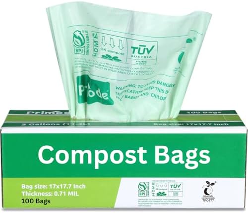 Compost Bags, Compostable Trash Bags 3 Gallon Compostable Bags Small Compost Bags for Countertop bin Extra Thick 0.71 Mil. ASTM D6400 Certified By BPI and TÜV AUSTRIA (3 Gallon, 100 Units) by Primode