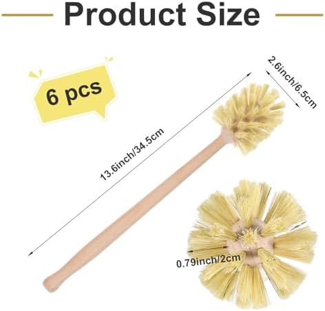 6 Pcs Natural Wood Dish Scrub Brush with Long Beechwood Handle Bristles for Cleaning Bottles, Mugs, Jars, Glasses, Dishes, Vases, Pitchers, 13.6 x 2.6 Inches - Image 2