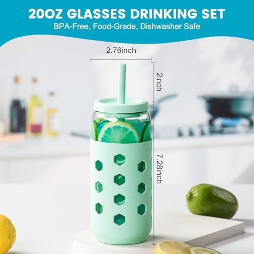 Mrsdry 20 oz Glass Cups with Lids and Straws for Gift, 4-Pack, Blue - Image 6