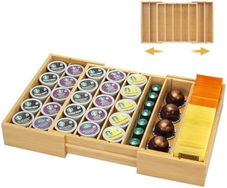 MinBoo Bamboo K Cup Holder for Drawer or Countertop Coffee Pod Holder Expandable K Cup Pod Storage Tea bag organizer K Cup Storage for Coffee Station Home Office and Kitchen, Natural by MinBoo