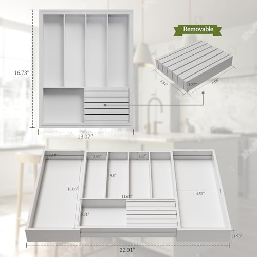 Bamboo Kitchen Silverware Drawer Organizer - Expandable Wood Utensil Holder with Dividers, Luxury Cutlery Storage Tray for Kitchen Utensil and Flatware (5-7 Slots with Removable Knife Block, (White) - Image 6