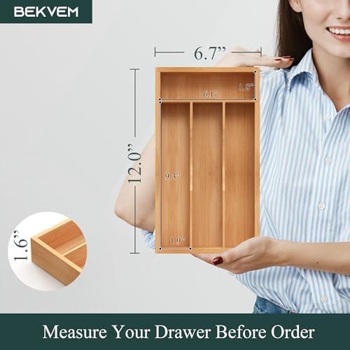Small Silverware Organizer, Bamboo Kitchen Drawer Organizer, Utensil Holder, Cutlery Tray & Spoon Flatware Storage with Grooved Drawer Dividers (6.7''W x 12''D) - Image 2