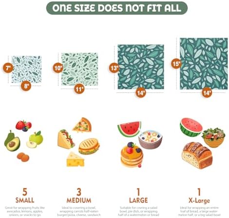 Akeeko Reusable Beeswax Food Wraps - Assorted 9 Packs, Reusable, Plastic-Free Food Storage, 5 Small, 2 Medium, 1 Large, 1 Extra Large Wraps with Boho Leaves Pattern - Image 2