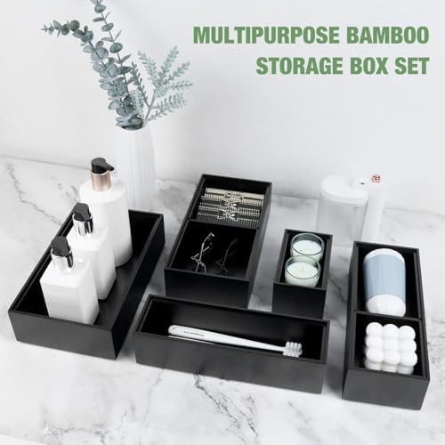 Bamboo Drawer Organizer,5 PCS Black Silverware Tray&Desk Organizers and Storage,Cabinet Divider With Removable Bathroom Organization for Kitchen,Utensils,Junk,Office,Makeup - Image 6