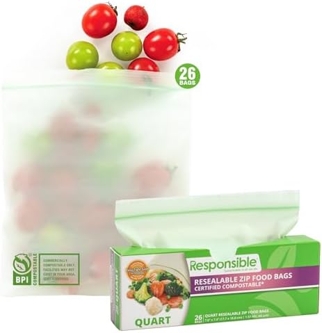 Responsible Products Certified Compostable QUART Resealable Zip Bag, Extra Strength Food Bags, Plant-Based Freezer-Safe (26 Pack) by ResponsibleProducts%C2%AE