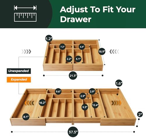 Large Silverware Organizer, 13 Slots Magnetic Connected Expandable Bamboo Utensil Drawer Organizer From 21 to 37.4 Inches, Adjustable Flatware and Cutlery Holder, Utensil Tray for Kitchen Natural - Image 2