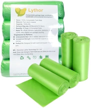 13 Gal Compostable Trash Bags 60ct 50L Garbage Bag - Thick & Leak-Proof by Lythor