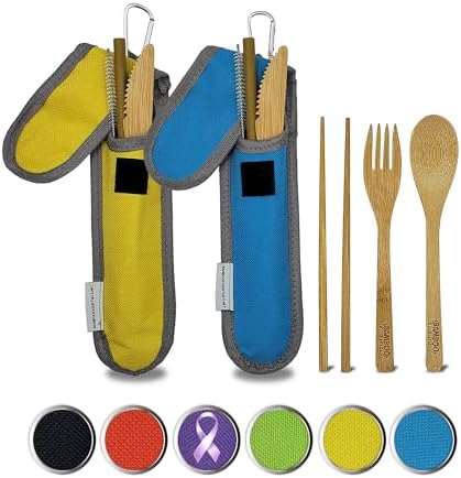 Travel Utensils with Case Set Fork, Knife, Spoon, Chopsticks, Straw, Straw-cleaning brush, Travel Pouch and Carabiner, Excellent For Everyday Use! ((2 Sets) Sky Blue/Sunrise Yellow) by Bamboo+Essentials%C2%AE