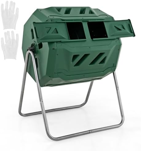 Goplus Compost Tumbler, 43 Gallon Rotating Compost Bin Barrel, Dual Chamber Tumbling Composter with Sliding Door, Gloves, Aeration System for Outdoor, Garden, Yard by Goplus