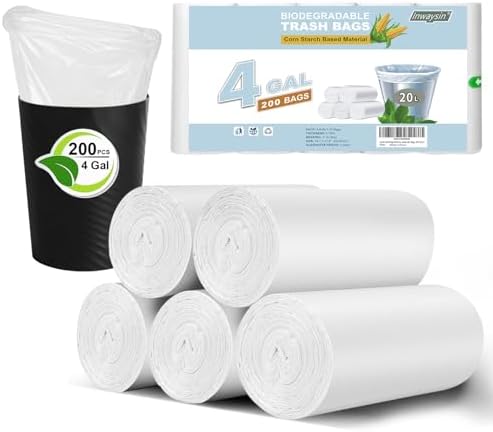 Small Trash Bags Bathroom Garbage Bags 4 Gallon, Inwaysin 15-20 Liter White Mini Trash Bags, Office Waste Basket Liners Compostable Plant Based Bin Bags, 200 Count by Inwaysin