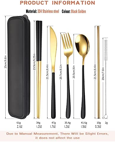 AARAINBOW 6 Pieces 18/8 Stainless Steel Flatware Set Portable Reusable Cutlery Set Travel Utensils Set Including Chopsticks Knife Fork Spoon Straws Cleaning Brush Dishwasher Safe (Black golden) - Image 2