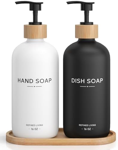 Hand and Dish Soap Dispenser Set,16oz Glass Bottles with Bamboo Pumps & Tray,Countertop Soap Dispensers for Kitchen,Luxury, Minimalist & Farmhouse Decor by Aeakey